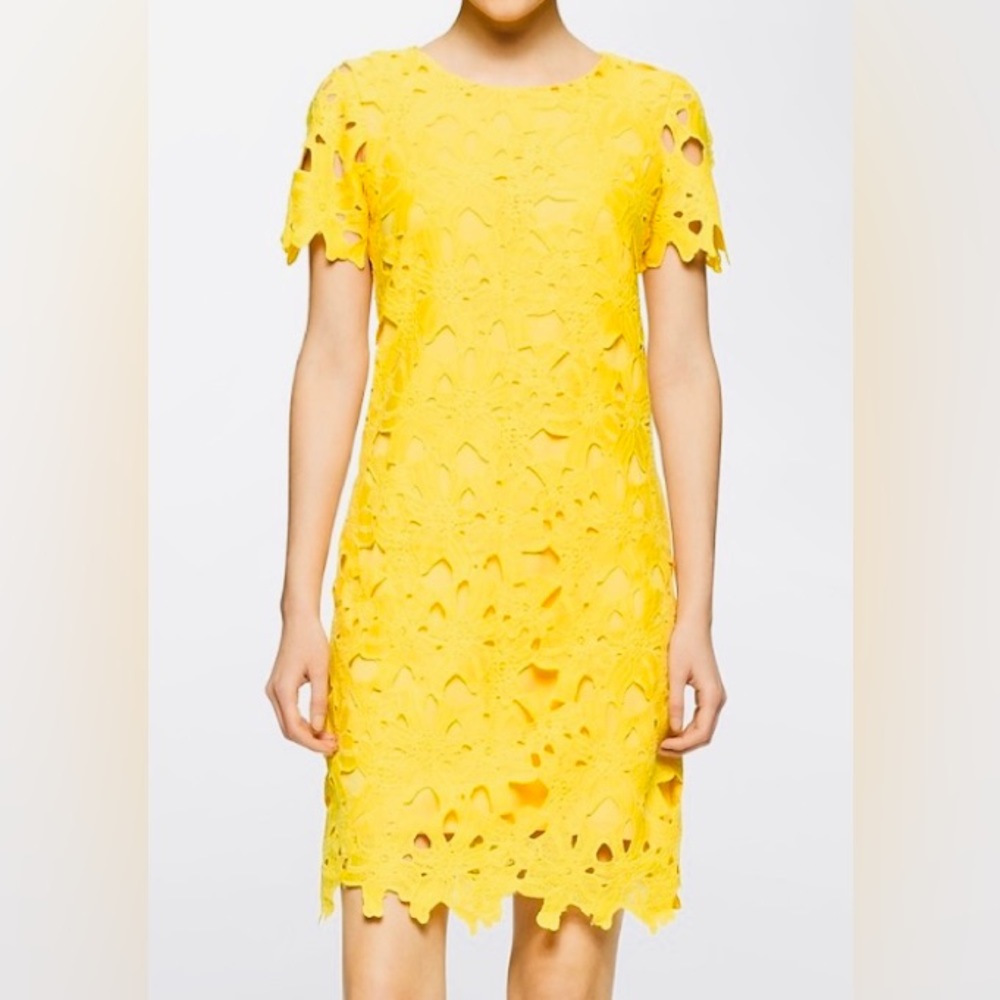 Calvin Klein Canary Yellow Floral Pattern Lace Dress Romantic. Sz 8. NWT